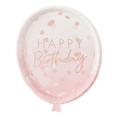 Papperstallrikar Ballongformade Happy Birthday Rosa/Roséguld